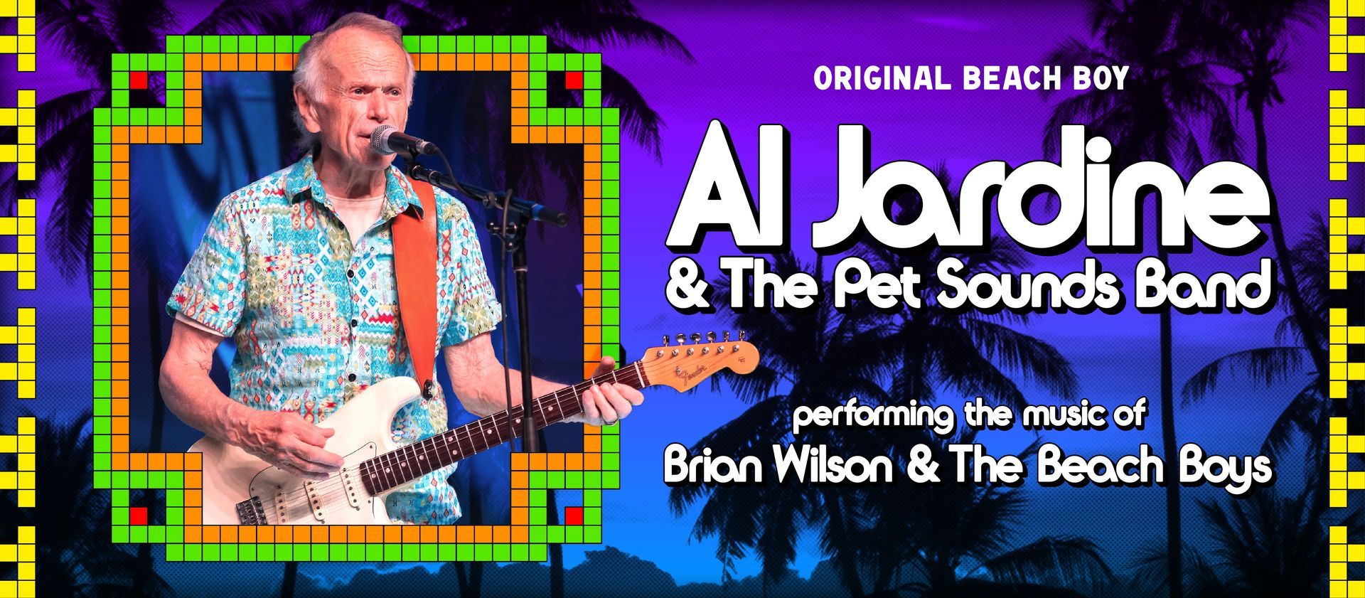 Concert poster for Al Jardine & The Pet Sounds Band, with singer at microphone on a colorful purple background