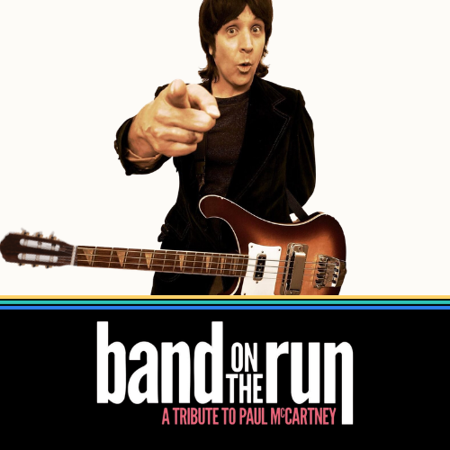 Paul McCartney-style man pointing at viewer with guitar, over text: โband on the run โ A tribute to Paul McCartneyโ