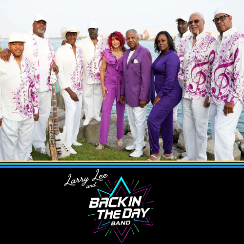 Group in matching white and purple outfits posing for โBack in the Day Bandโ promotional photo