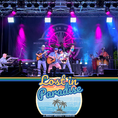 Live band performing onstage under purple lights, with a โLost in Paradiseโ logo at the bottom.