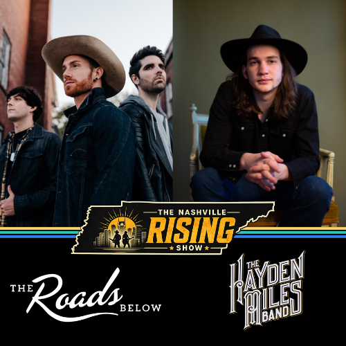 Four country musicians in black hats promoting The Nashville Rising Show with band logos on a black-gold banner