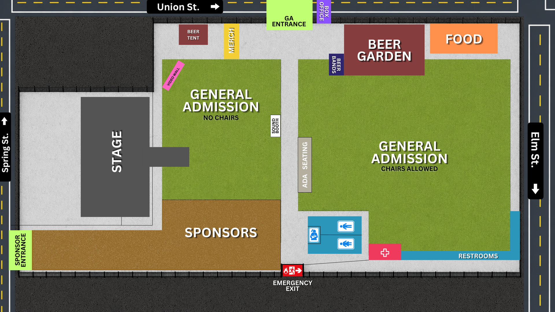 Venue map with general admission, sponsors, rafters garden, parking, and stage areas.