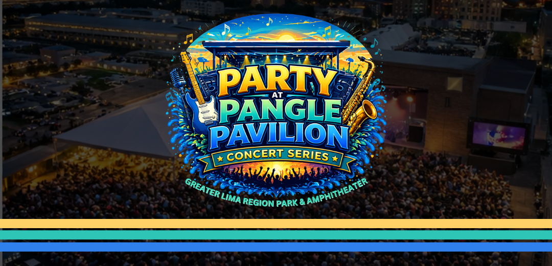 Colorful โParty Pangle Pavillionโ concert sign over a blurred nighttime arena backdrop