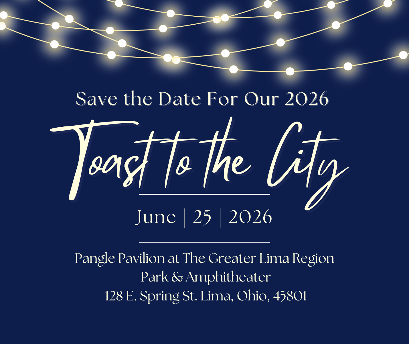 Blue and gold 2026 Toast to the City event flyer with date, time, and venue details