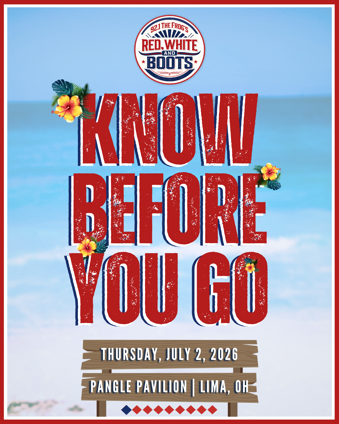 Pabst Blue Ribbon “Know Before You Go” poster for Thursday, July 7, 2016 at Pangle Pavilion, Lima, OH.
