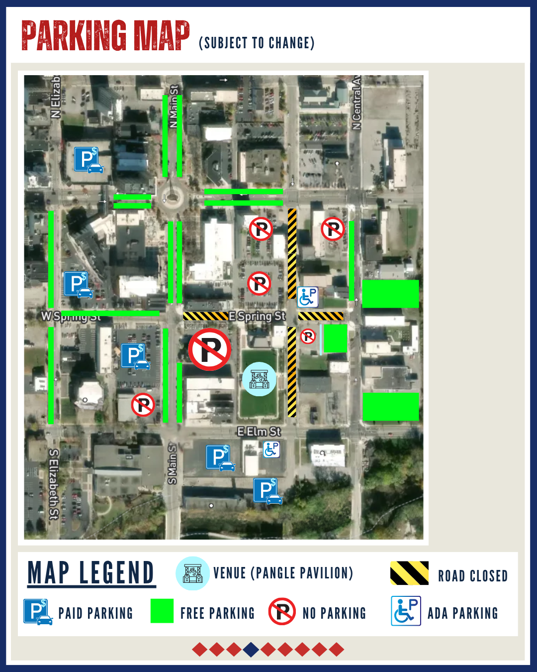 Campus parking map with marked parking lots, accessible spaces, and highlighted walking routes.