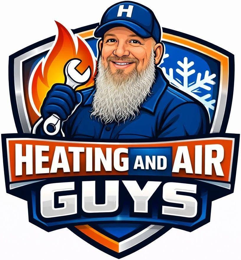 Heating and Air Guys logo with smiling bearded technician, wrench, flame, snowflake, and shield emblem