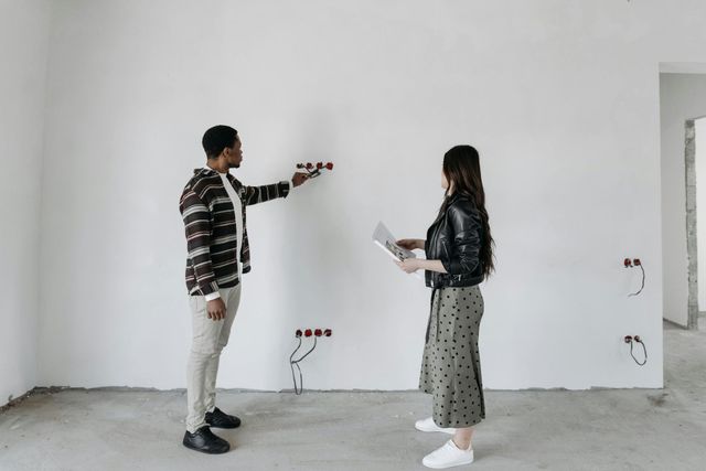 Two people discussing a bare room with exposed electrical outlets and white walls.