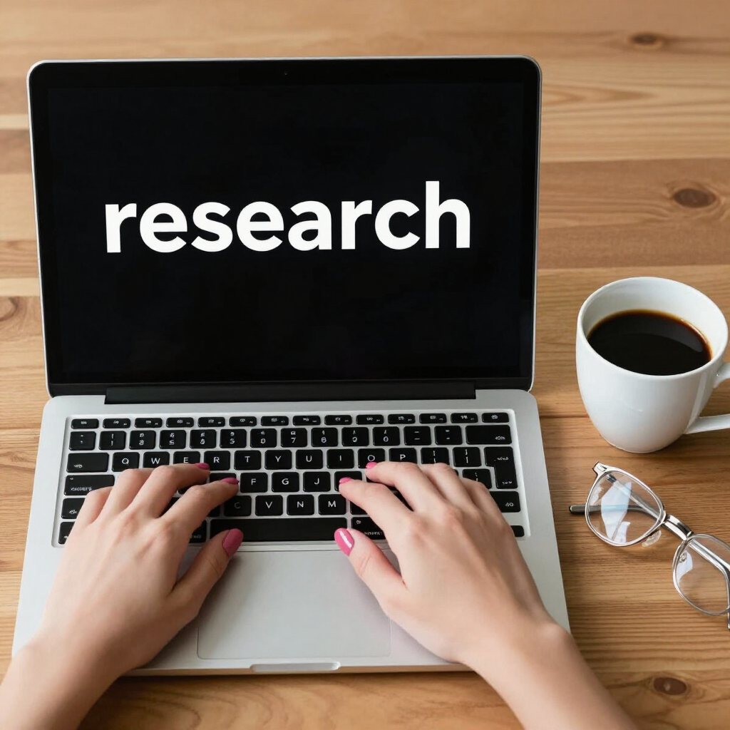 Hands typing on a laptop with “research” on screen, next to coffee and glasses on a wooden desk