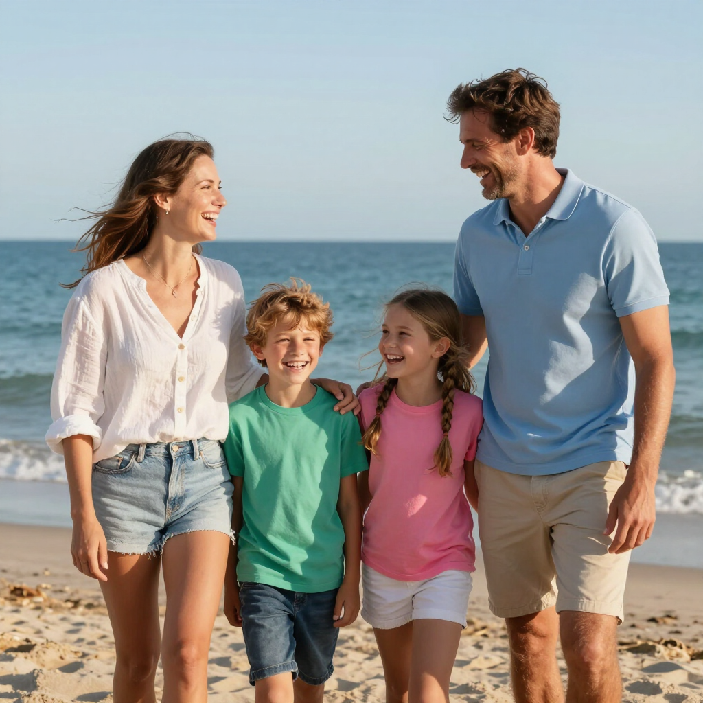 Family walking together on a sunny beach, smiling and holding hands by the ocean