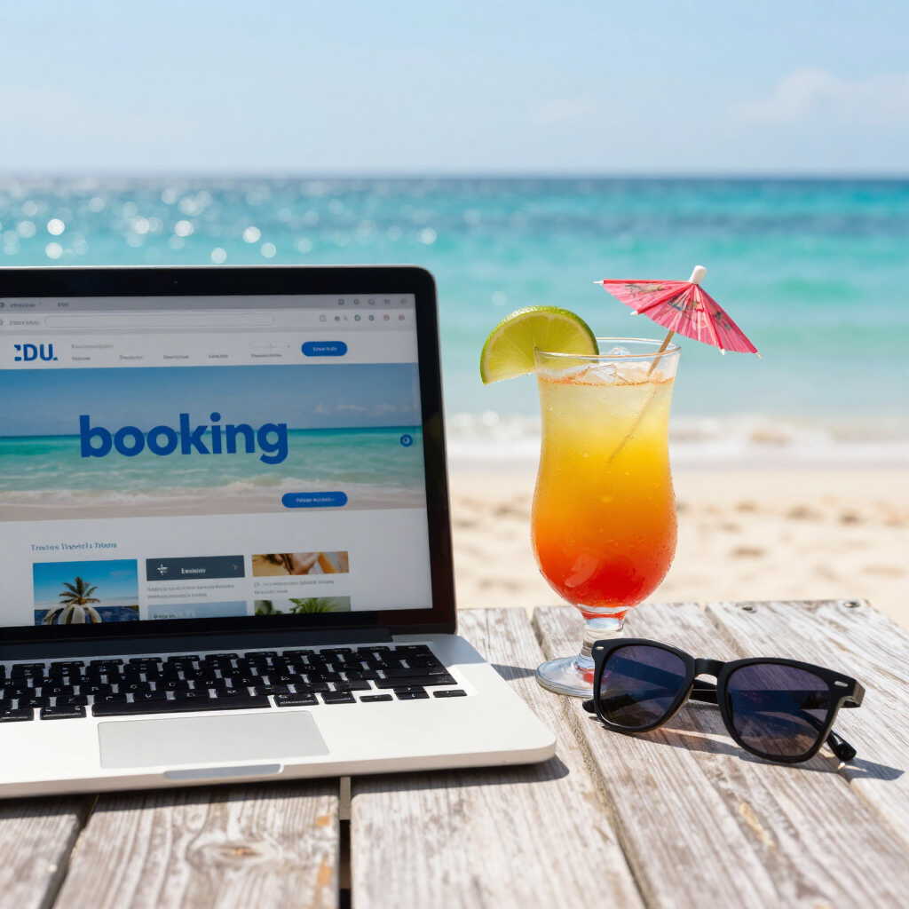 Laptop displaying Booking.com on a beach table with a tropical drink, sunglasses, and ocean view