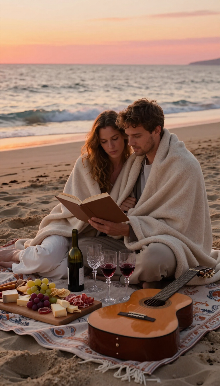 Couple on a beach picnic reading a book beside a guitar, wine, and food at sunset.