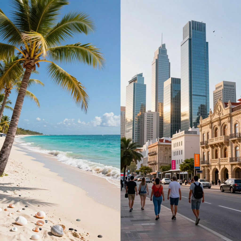 Split beach and cityscape: palm tree, turquoise sea, sandy shore, and pedestrians on a downtown street.
