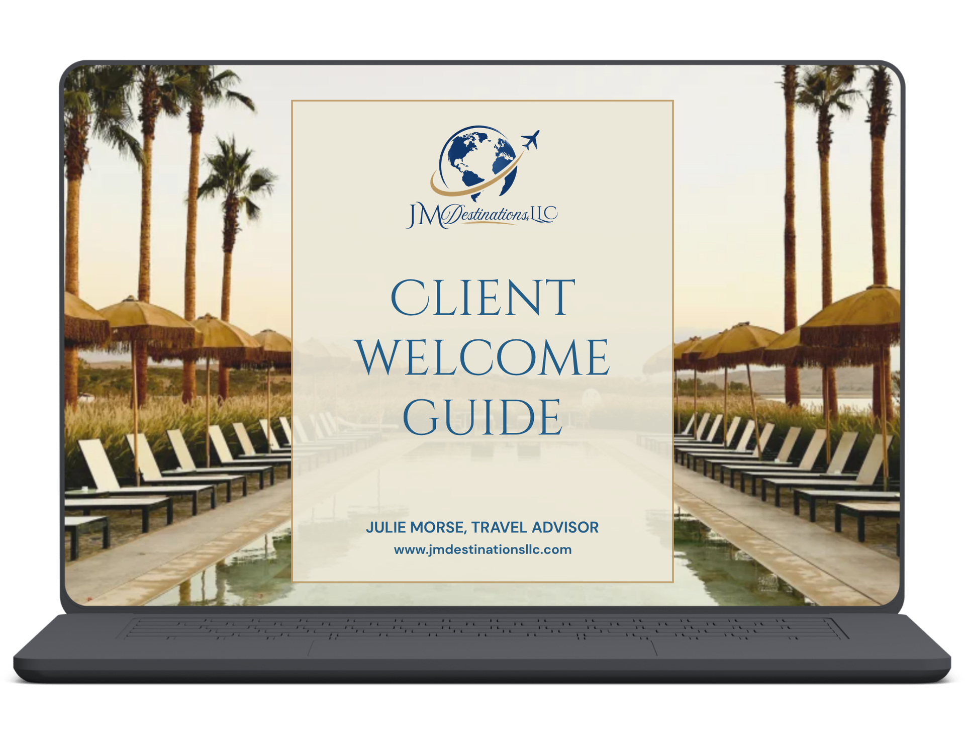 Laptop displaying a “Client Welcome Guide” cover with beachside lounge chairs and palm trees
