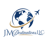 JM Destinations LLC logo with blue globe, gold swoosh, and airplane icon