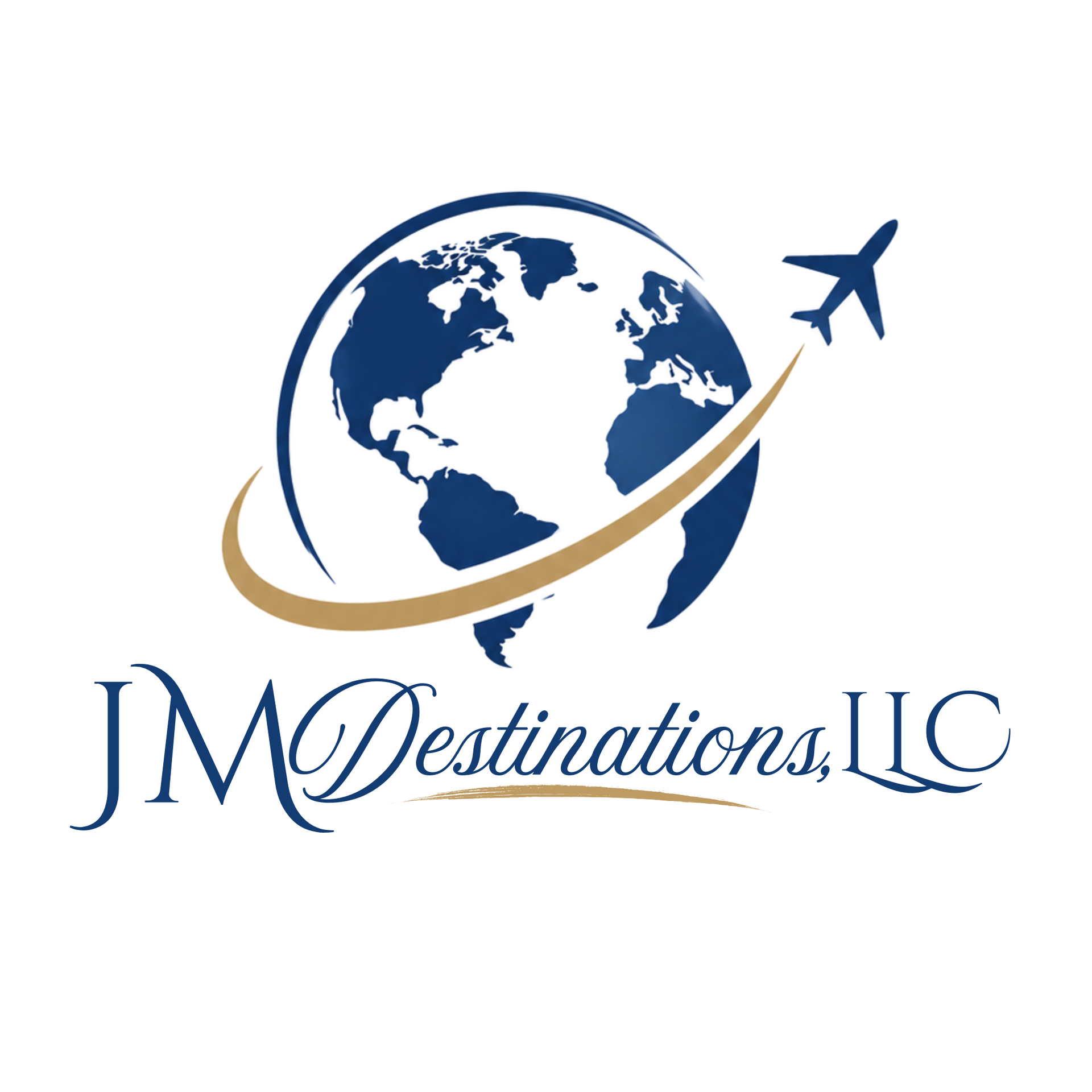 JM Destinations LLC logo with blue globe, gold swoosh, and airplane icon
