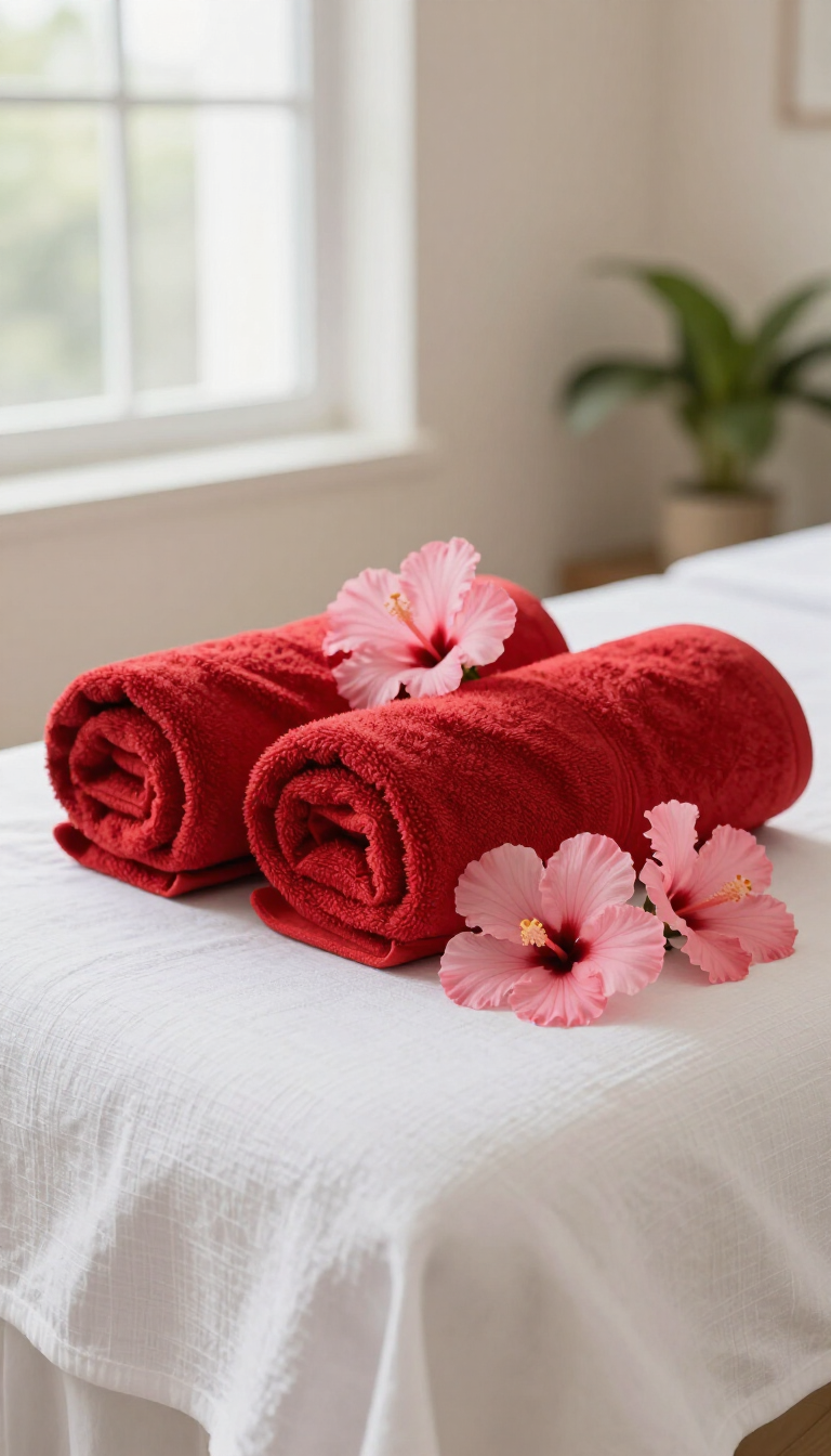 Two rolled red towels with pink flowers on a white massage table near a window