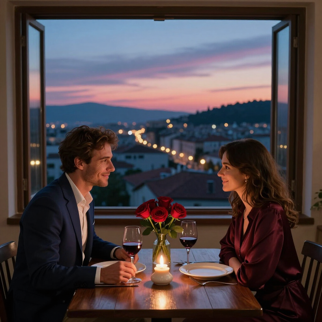 Couple dining by candlelight at a window table, city lights and sunset visible outside