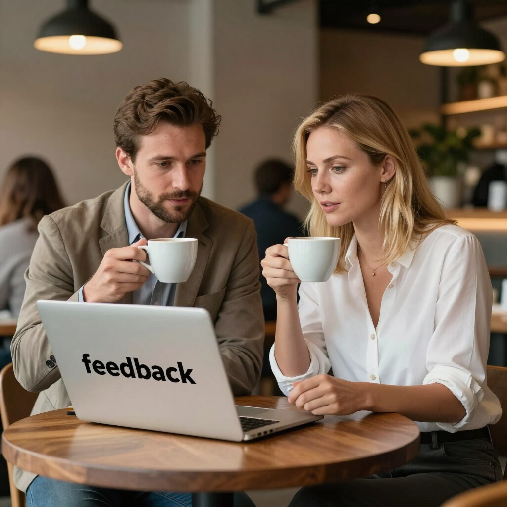 Two coworkers reviewing feedback on a laptop while sipping coffee in a cafe