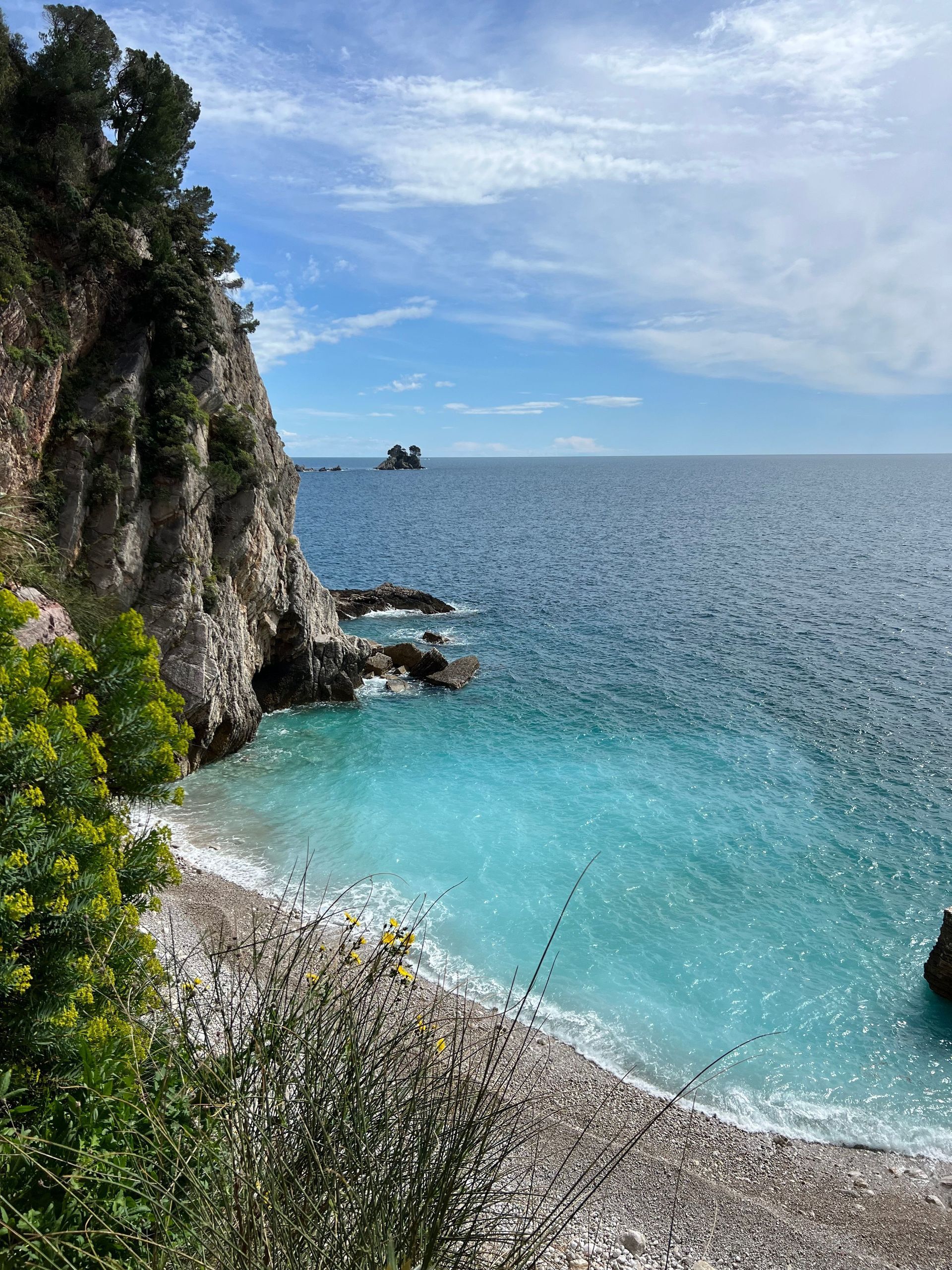 Rocky seaside cove with turquoise water, cliffside greenery, and a small boat on the horizon