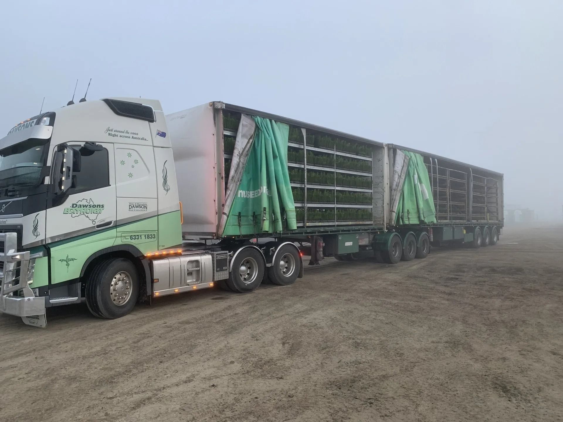 A Semi-truck and Two Trailers With Green Coverings — Dawson's Removals In Wetherill Park, NSW