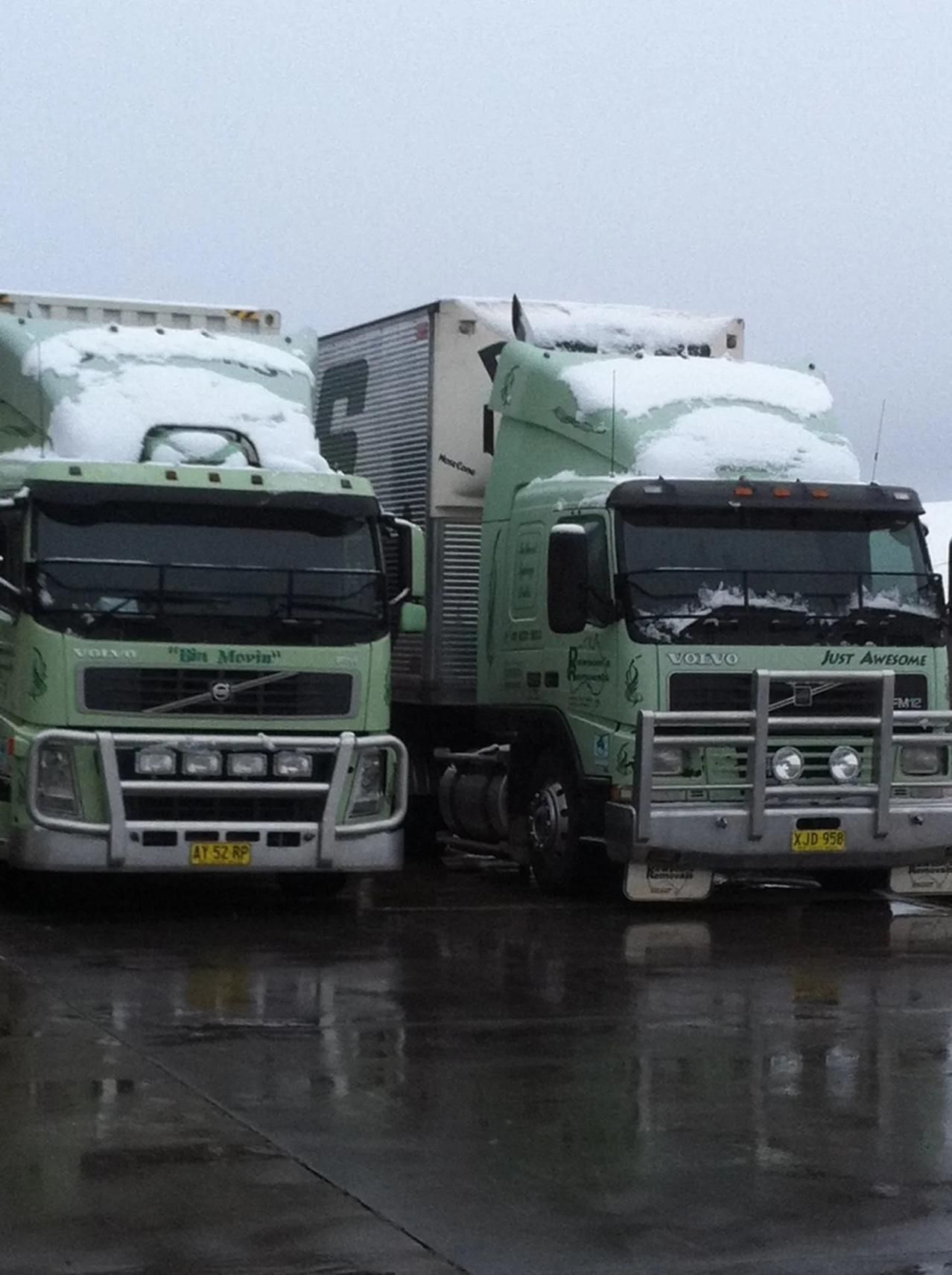Green Semi-trucks With Snow on Them Parked on Wet Pavement — Dawson's Removals In Dubbo, NSW