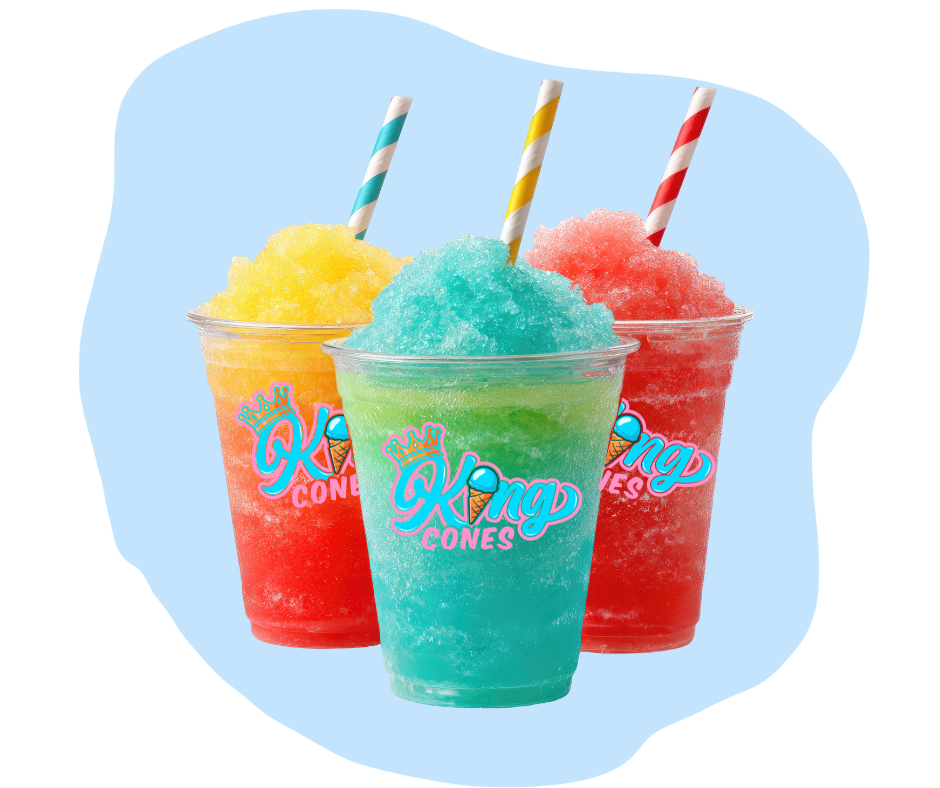 Three clear plastic cups of bright yellow, blue, and red slushies with striped straws, against a light blue background.