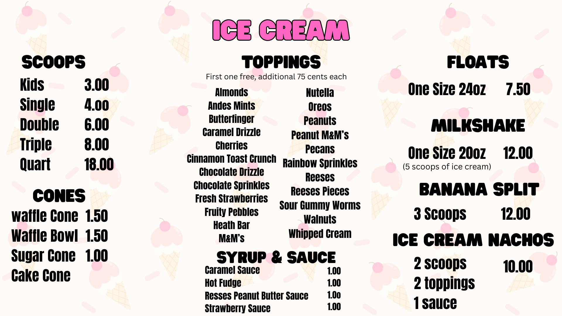 Menu board for an ice cream shop listing prices for scoops, cones, toppings, floats, milkshakes, and specialty desserts.