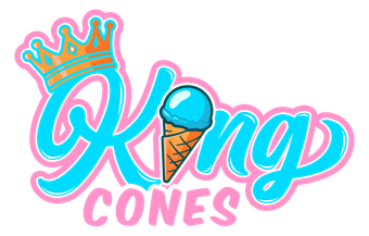"King Cones" logo featuring blue stylized text, an orange crown, and an ice cream cone icon with a blue scoop.