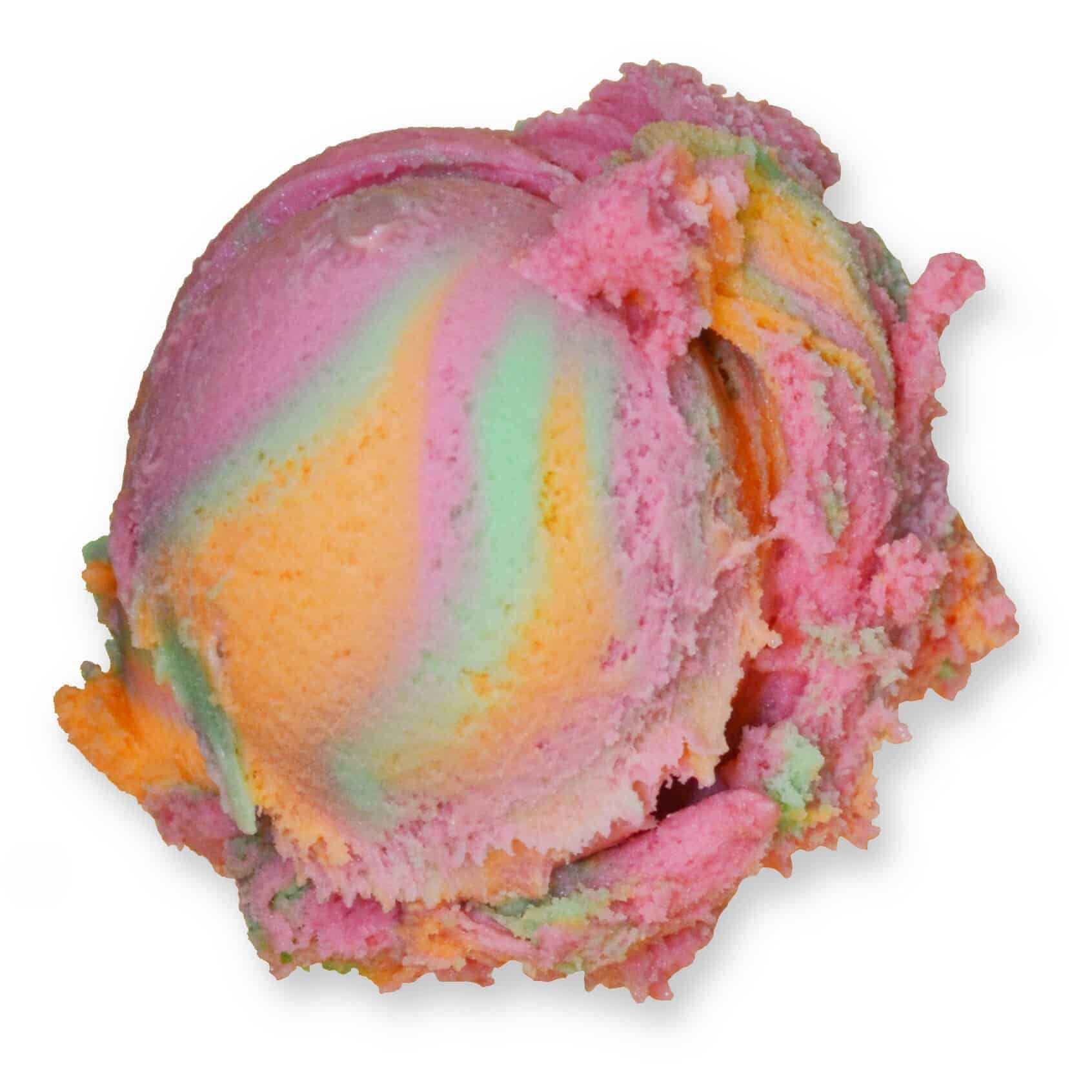 A single, rounded scoop of multicolored, swirled ice cream featuring stripes of pink, orange, and light green.