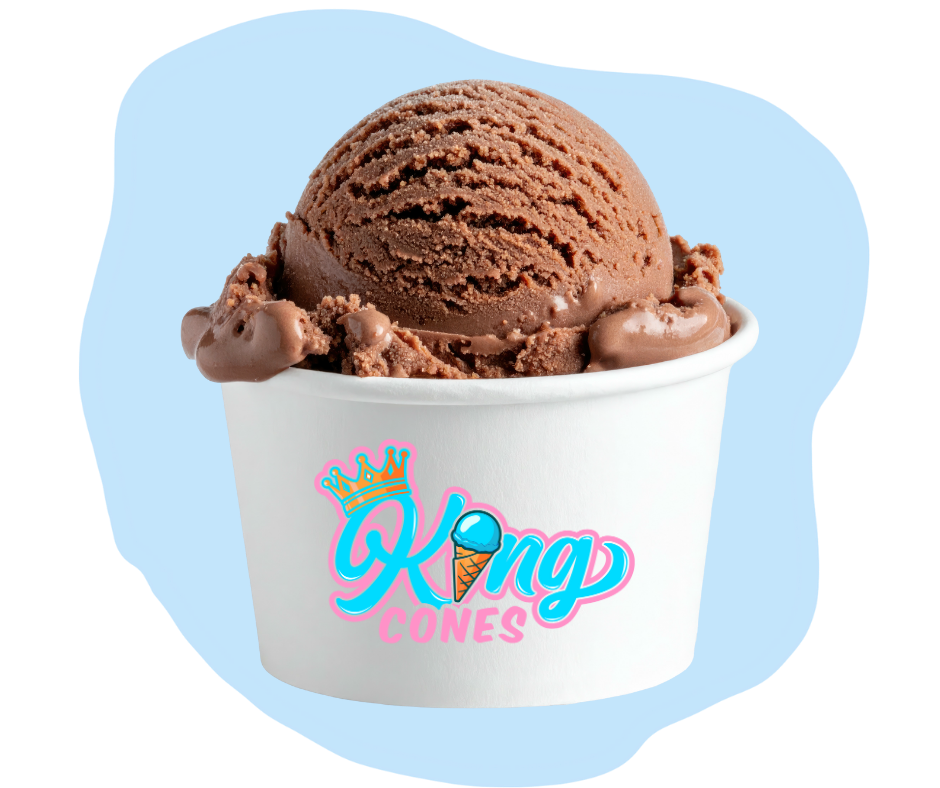 A scoop of chocolate ice cream in a white paper cup labeled