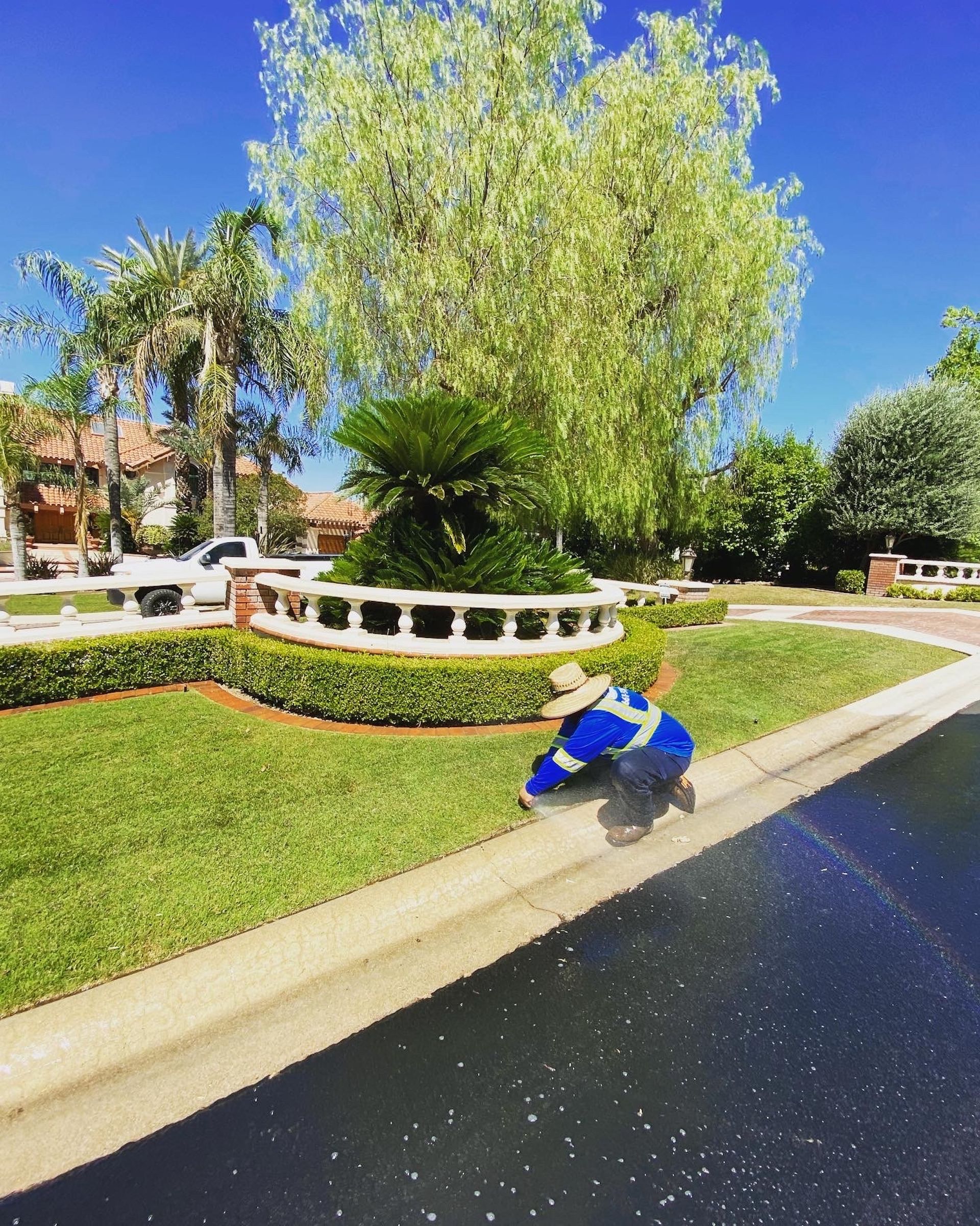 Person tending to grass, likely trimming, near a decorative garden and curb, bright sunny day.
