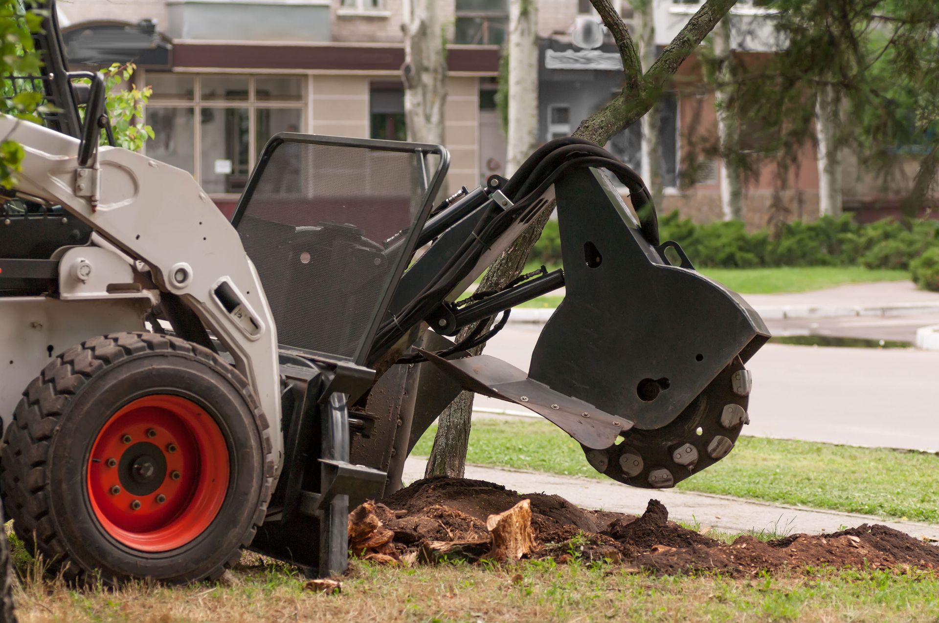 Skid-steer loader clearing a fallen tree trunk beside a suburban street
