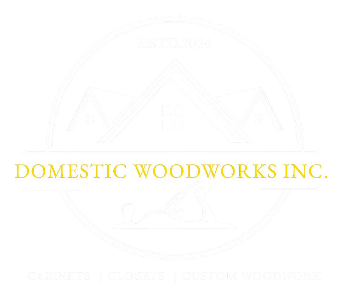Logo for Domestic Woodworks, featuring an outline of a house roof, a hand plane tool, and the text "EST 2021."