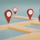 A 3D illustration of red location pins placed on a yellow grid map against a soft blue background.