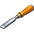 A wood chisel with a sharp metal blade and a polished wooden handle, depicted in a clean, illustrative style.
