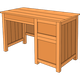 A wooden desk with a light brown finish, featuring a wide flat surface, vertical paneling, and a storage cabinet.