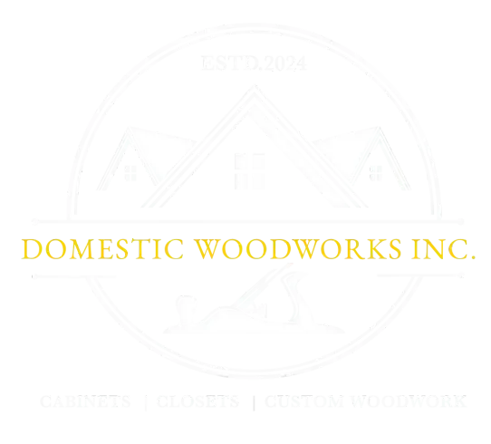 Logo for Domestic Woodworks, featuring an outline of a house roof, a hand plane tool, and the text
