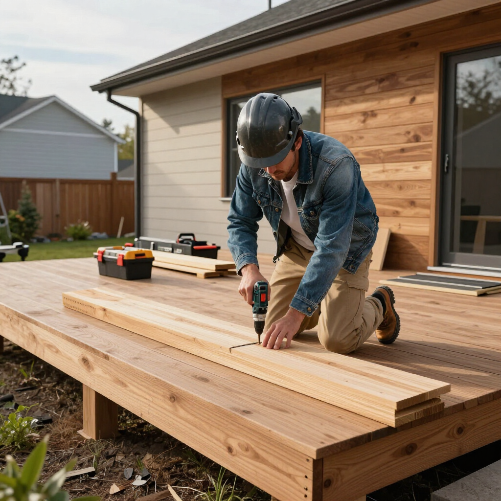 “Worker fastening deck boards near a wood-sided home during a backyard build by deck builders in Allentown, PA”