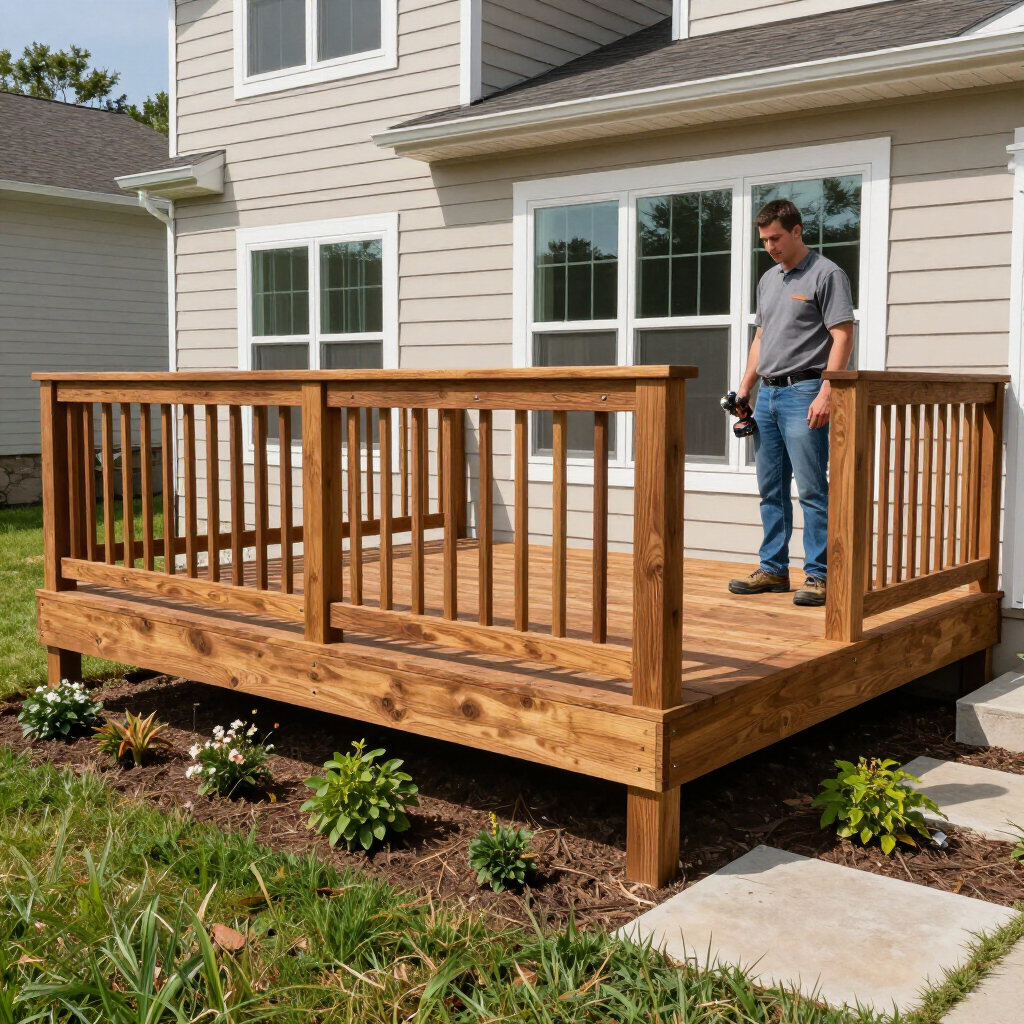 
“Finished wood deck with railing outside a two-story home inspected by deck builders in Allentown, PA”