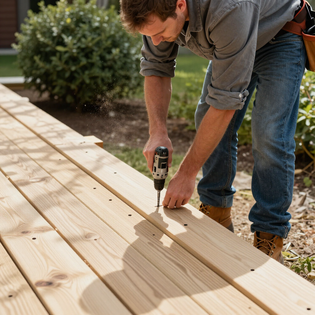 “Worker using a drill to fasten boards along the edge of a new deck by deck builders in Allentown, PA”