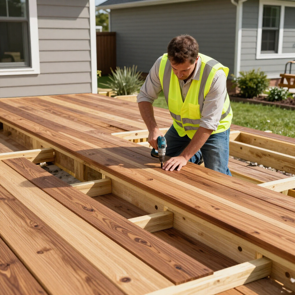 “Worker installing deck boards over exposed framing during construction by deck builders in Allentown, PA”