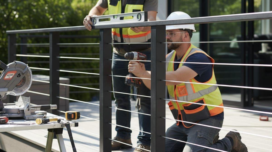 “Worker installing a black metal deck railing with tools and safety gear during a project by deck builders in Allentown, PA”