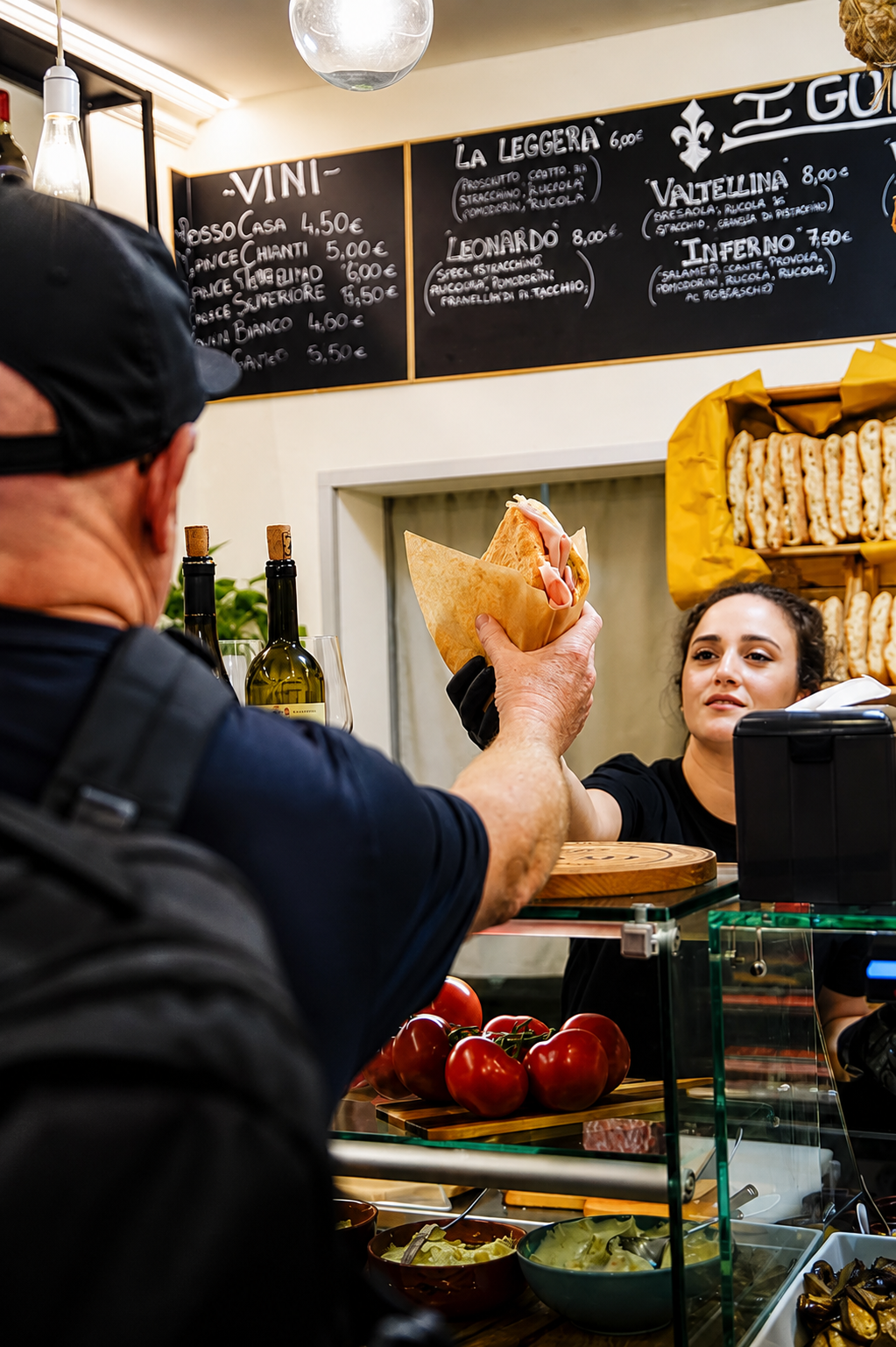 Un cliente ordina al banco di una gastronomia mentre il venditore gli porge un panino confezionato.