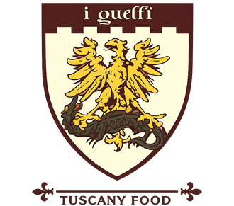 Logo di I Guelfi Tuscany Food con stemma di un'aquila dorata su sfondo bianco.