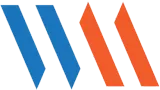 Abstract logo with two blue and two orange diagonal bars on a white background