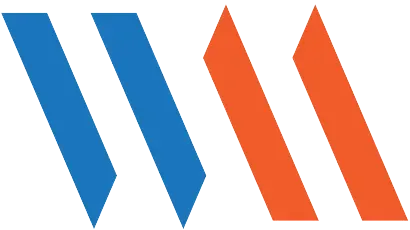 Abstract logo with two blue and two orange diagonal bars on a white background