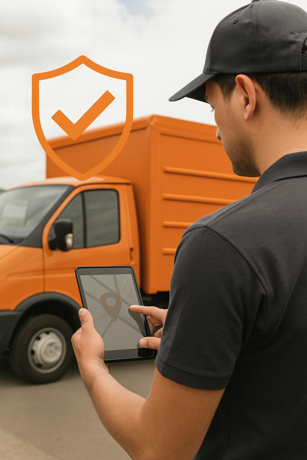 Delivery driver with tablet next to orange truck, orange shield icon with checkmark.