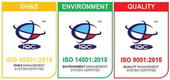 Three ISO certification badges: OH&S (yellow), Environment (green), and Quality (red), each with a globe graphic and the IQC logo.