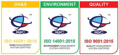 Three ISO certification badges: OH&S (yellow), Environment (green), and Quality (red), each with a globe graphic and the IQC logo.